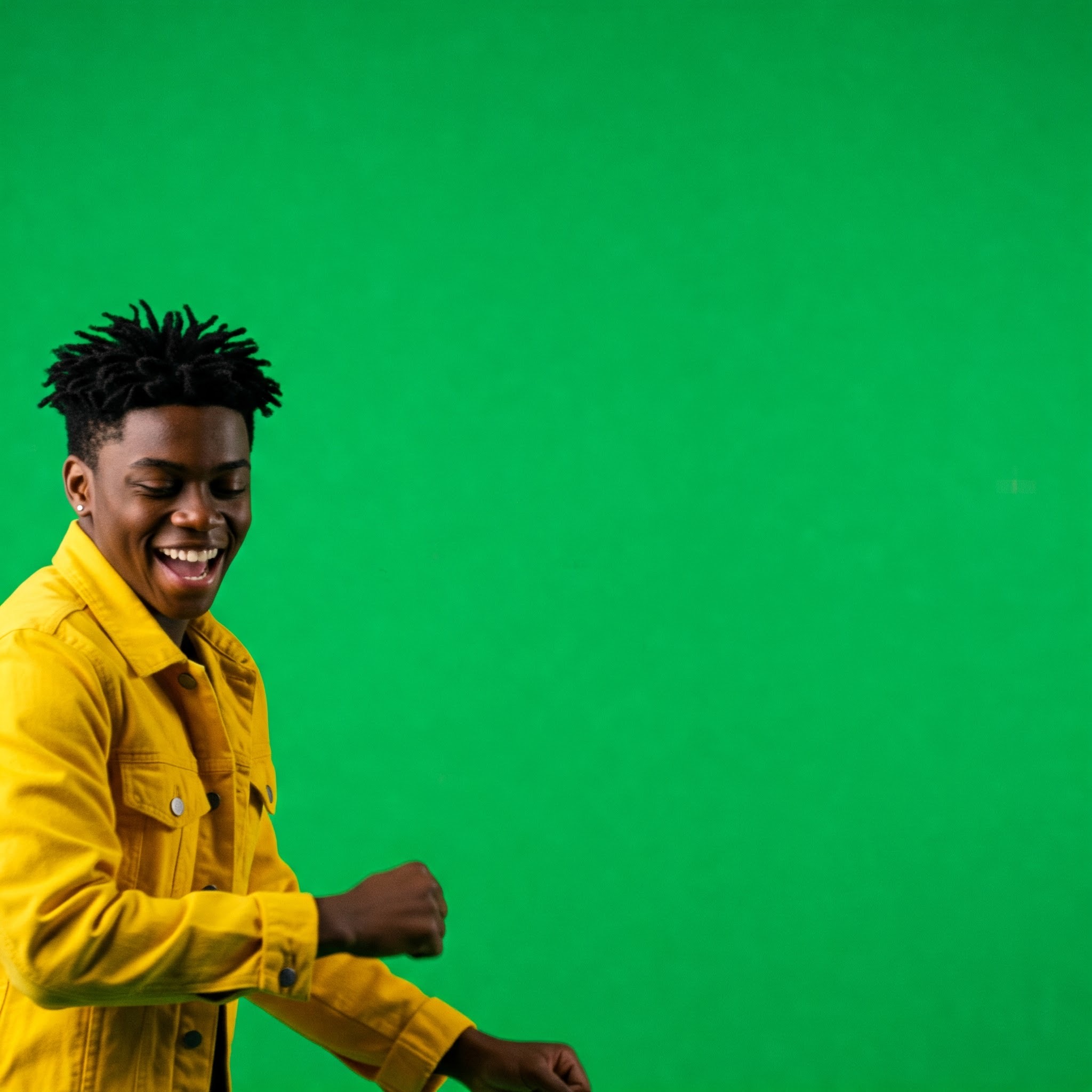 photo of Joyful Young Man Dancing in Yellow Jacket Against Green Screen